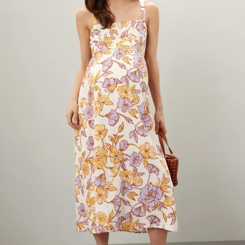 Ripe Maternity Cream Floral Midi Dress with Yellow and Lavender Print